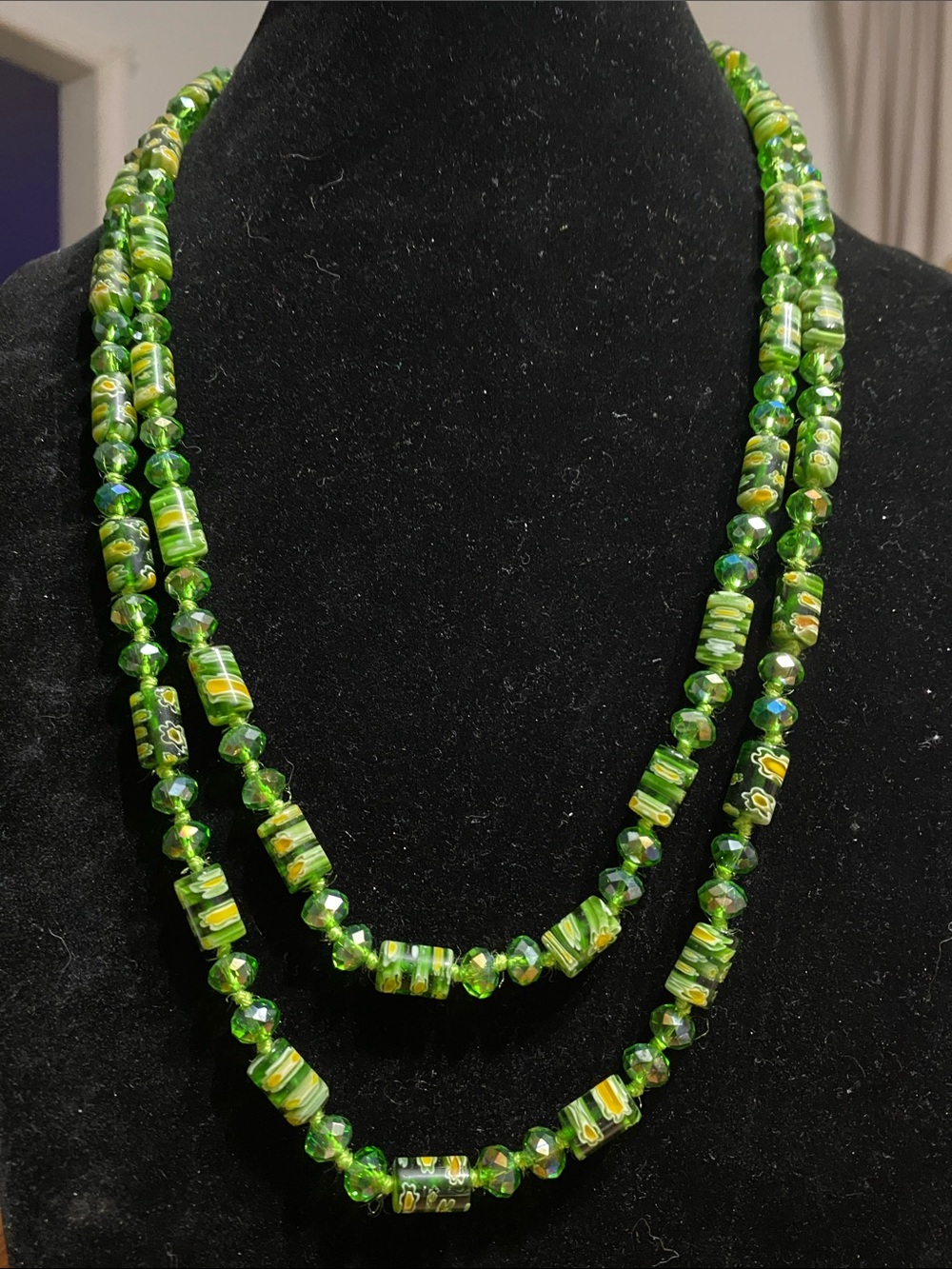 Green Millefiori Glass/Crystal Bead Layered Necklace